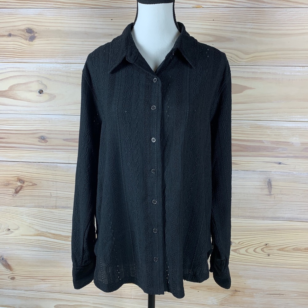 Daytrip Button Down Shirt Womens S Black Textured Pointelle Long Sleeve Top
